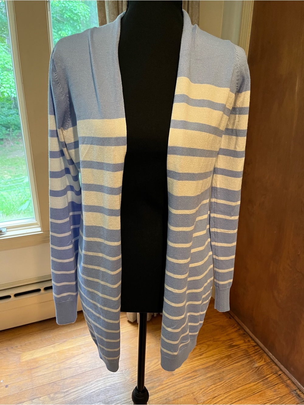 Cyrus Light Blue and White Striped Open-Front Cardigan